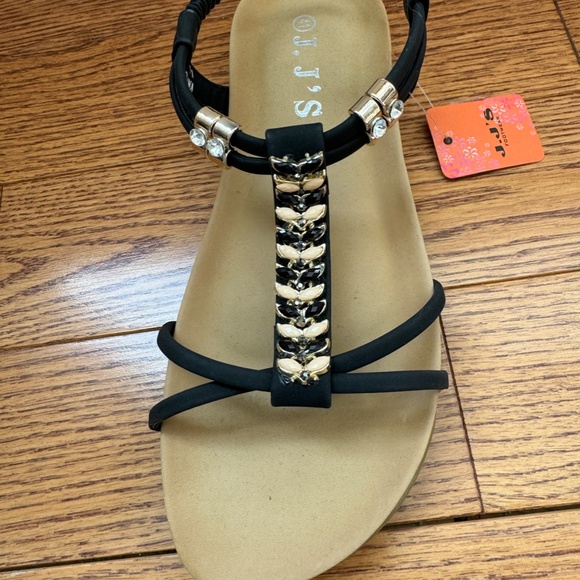J.J's Brand Sandal with Black Straps and Gold/Rhinestone Embellishments - Picture 4 of 5